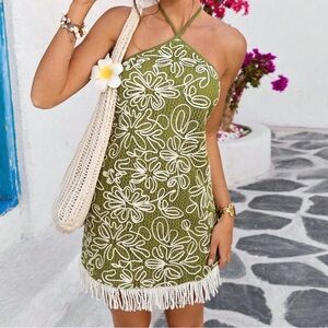 SHEIN green dress with White Fringe